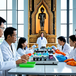 **Southeast Asian Biotech Collaboration:** "A diverse group of scientists and researchers in a modern laboratory in Southeast Asia, collaborating on biotechnology research. Include Thai elements in the background, such as traditional architecture blended with futuristic tech. Emphasize the collaborative spirit and the potential for health advancements."