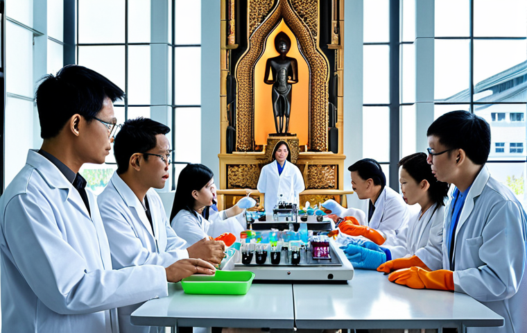 **Southeast Asian Biotech Collaboration:** "A diverse group of scientists and researchers in a modern laboratory in Southeast Asia, collaborating on biotechnology research. Include Thai elements in the background, such as traditional architecture blended with futuristic tech. Emphasize the collaborative spirit and the potential for health advancements."