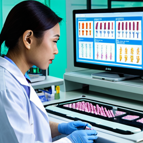 Home 18 **Prompt:** A futuristic medical lab in Bangkok, Thailand. Doctors in lab coats are using advanced biotech equipment like DNA sequencers and biosensors to analyze samples. AI interfaces display complex medical data. Focus on the speed and precision of the disease diagnosis process with an emphasis on hopeful and positive imagery.