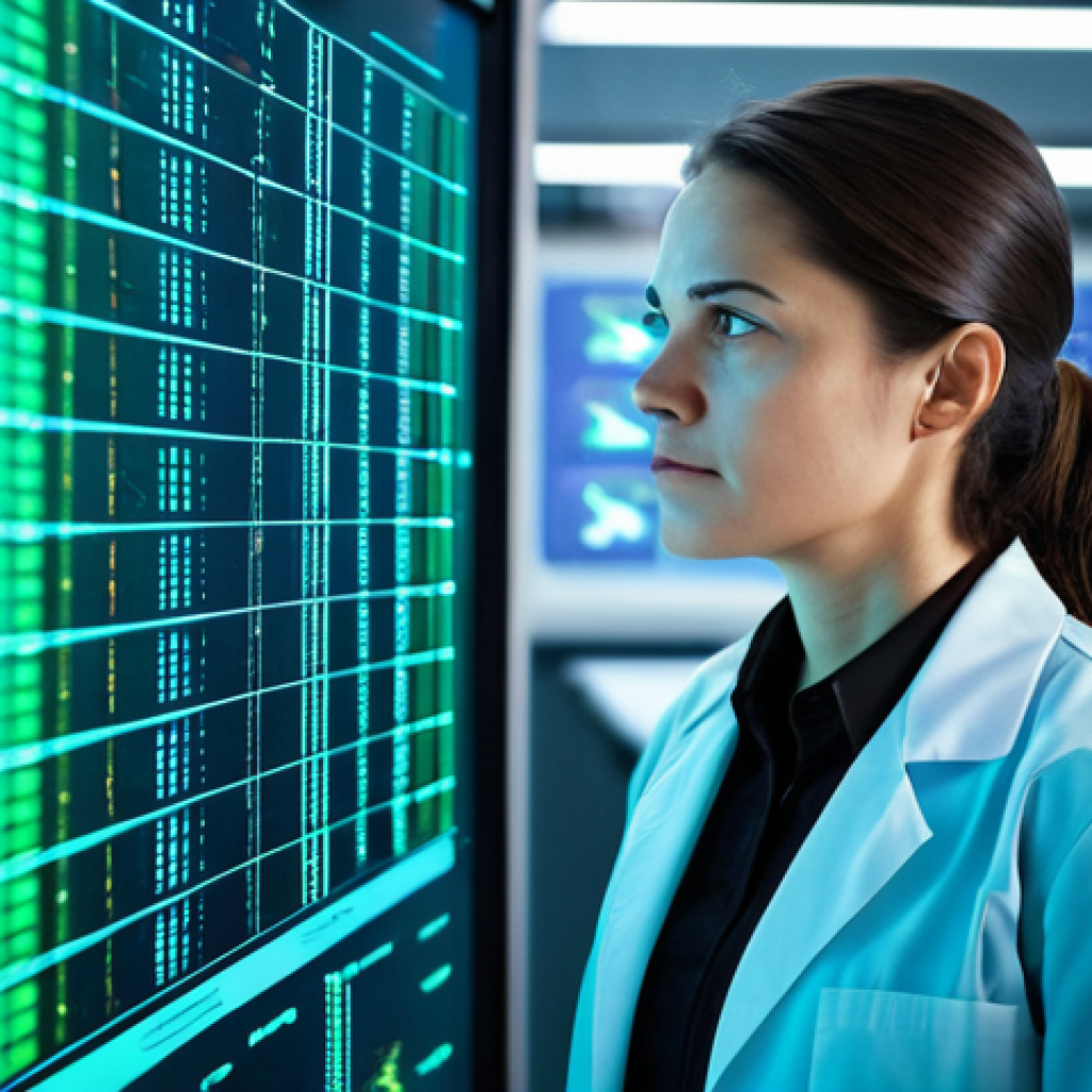 A professional female biotechnologist, fully clothed in a modest, clean lab coat over professional attire, intently observing a holographic display showing complex genomic data in a futuristic, sterile laboratory. Advanced medical equipment, glowing with soft blue and green light, surrounds her, symbolizing precision medicine and gene editing advancements. The scene is well-lit, with a shallow depth of field focusing on her determined expression. Perfect anatomy, correct proportions, natural pose, well-formed hands, proper finger count, natural body proportions. Safe for work, appropriate content, fully clothed, professional, high quality, highly detailed.