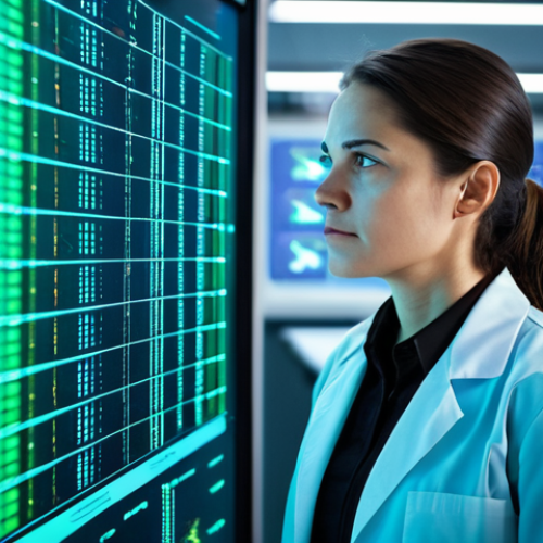 Home 8 A professional female biotechnologist, fully clothed in a modest, clean lab coat over professional attire, intently observing a holographic display showing complex genomic data in a futuristic, sterile laboratory. Advanced medical equipment, glowing with soft blue and green light, surrounds her, symbolizing precision medicine and gene editing advancements. The scene is well-lit, with a shallow depth of field focusing on her determined expression. Perfect anatomy, correct proportions, natural pose, well-formed hands, proper finger count, natural body proportions. Safe for work, appropriate content, fully clothed, professional, high quality, highly detailed.