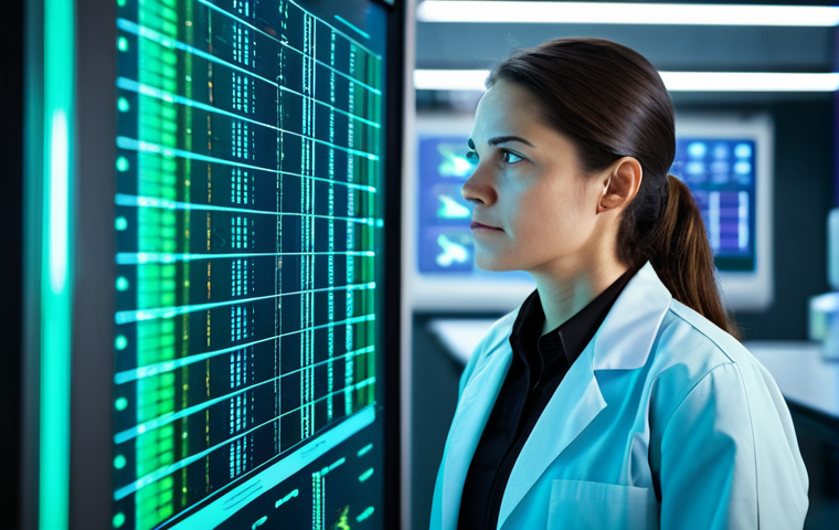 A professional female biotechnologist, fully clothed in a modest, clean lab coat over professional attire, intently observing a holographic display showing complex genomic data in a futuristic, sterile laboratory. Advanced medical equipment, glowing with soft blue and green light, surrounds her, symbolizing precision medicine and gene editing advancements. The scene is well-lit, with a shallow depth of field focusing on her determined expression. Perfect anatomy, correct proportions, natural pose, well-formed hands, proper finger count, natural body proportions. Safe for work, appropriate content, fully clothed, professional, high quality, highly detailed.