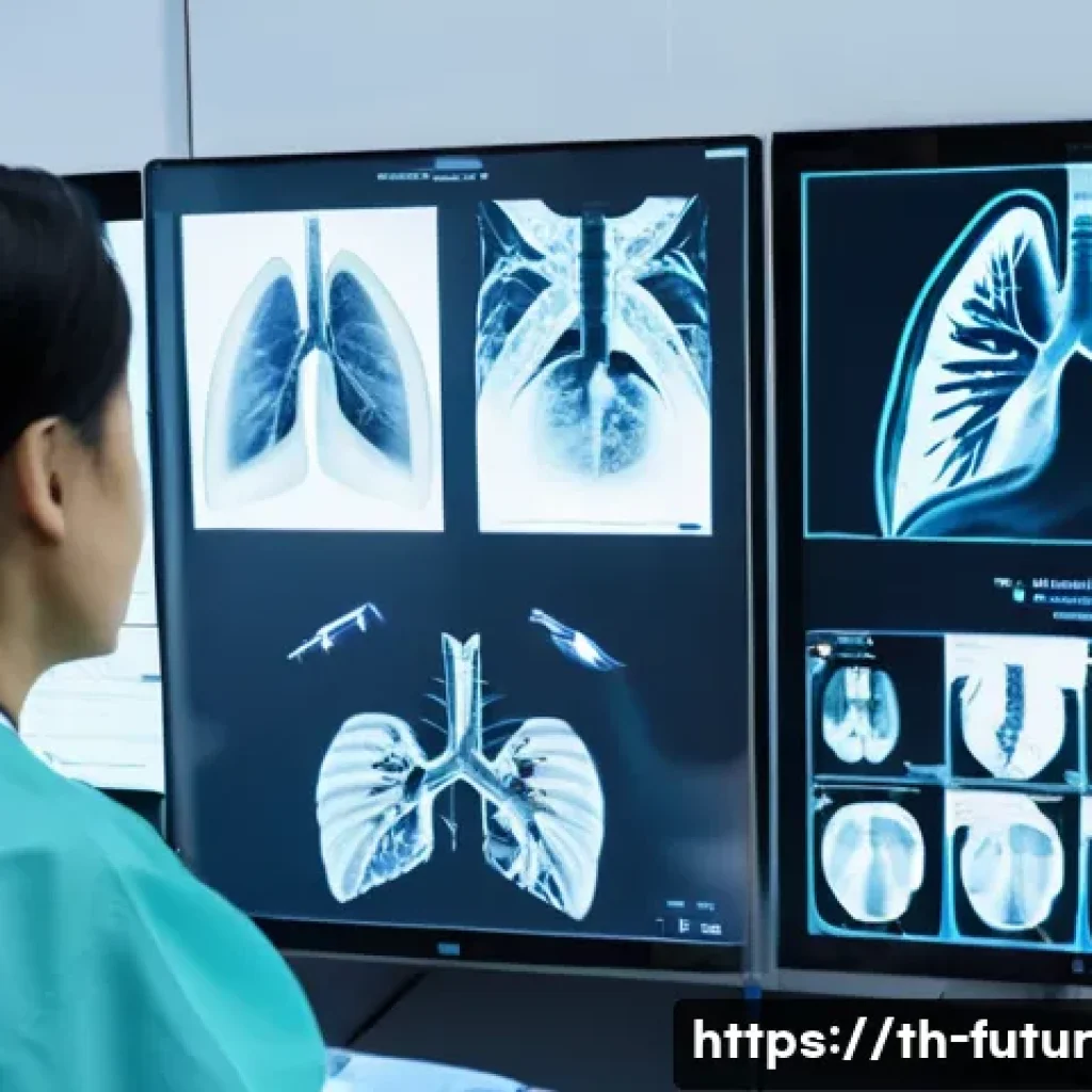 바이오테크와 의료 혁신의 트렌드 - A modern Thai hospital radiology room with a high-tech AI system analyzing lung X-ray images on larg...