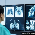 Home 17 바이오테크와 의료 혁신의 트렌드 - A modern Thai hospital radiology room with a high-tech AI system analyzing lung X-ray images on larg...