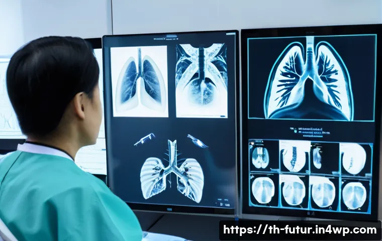 바이오테크와 의료 혁신의 트렌드 - A modern Thai hospital radiology room with a high-tech AI system analyzing lung X-ray images on larg...