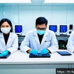 바이오테크의 사회적 영향력과 책임 - A modern biotechnology research laboratory in Thailand with diverse scientists wearing lab coats and...