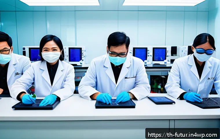 바이오테크의 사회적 영향력과 책임 - A modern biotechnology research laboratory in Thailand with diverse scientists wearing lab coats and...