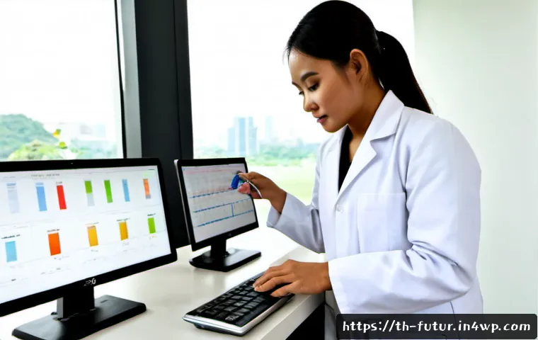 바이오테크와 임상 데이터의 관리 - Photorealistic Thai biotech laboratory, a Southeast Asian clinical data manager in a clean white lab...