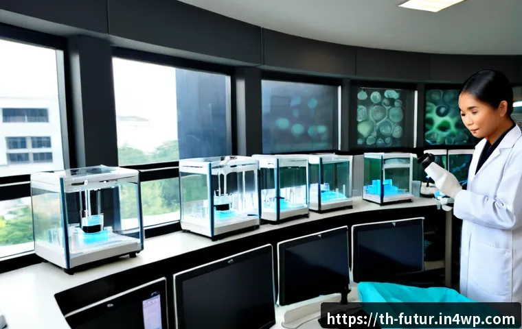Home 17 바이오테크 산업에서의 인공지능 역할 - Photorealistic Thai biotechnology laboratory in Bangkok, diverse Thai scientists in clean lab coats ...