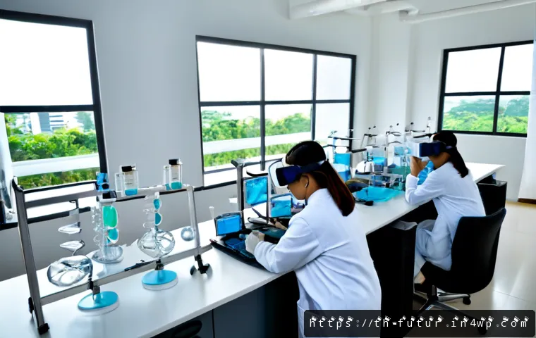 Home 17 바이오테크와 가상 현실의 융합 가능성 - Photorealistic biomedical research laboratory in Bangkok, Thai scientists wearing clean white lab co...