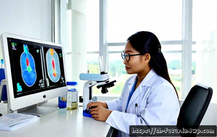 Home 17 AI와 바이오테크의 만남 미래 의료의 방향 - Photorealistic modern hospital laboratory in Thailand, a Thai female biomedical researcher in a clea...