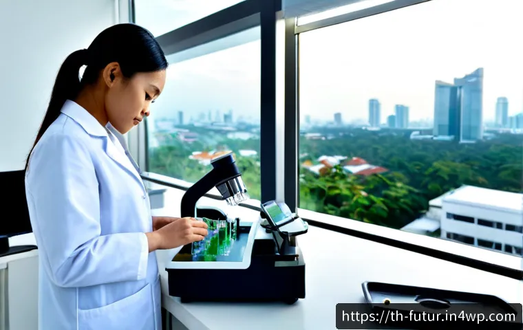 Home 30 미래 의료에서의 바이오테크의 잠재력 - Photorealistic future biotechnology laboratory in Bangkok, Thailand, Thai female medical scientist i...