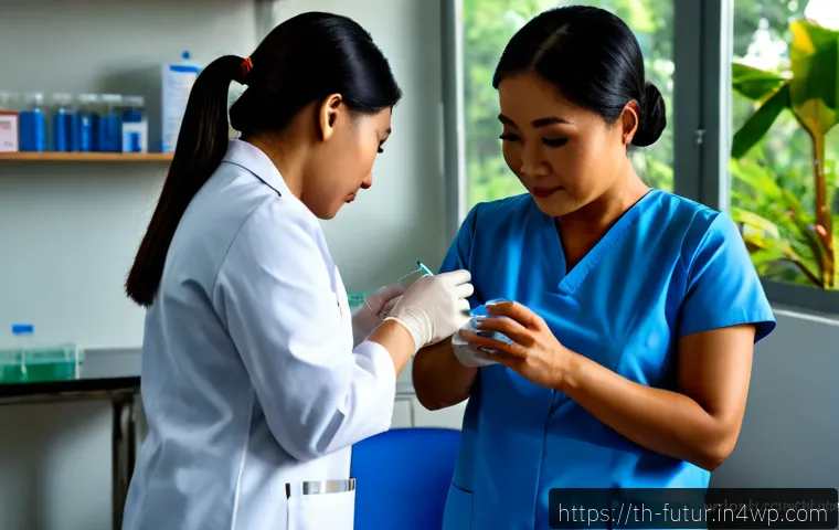 Home 29 바이오테크와 공공 보건의 관계 - Photorealistic public health biotechnology scene in a modern Thai community clinic, a female Thai la...